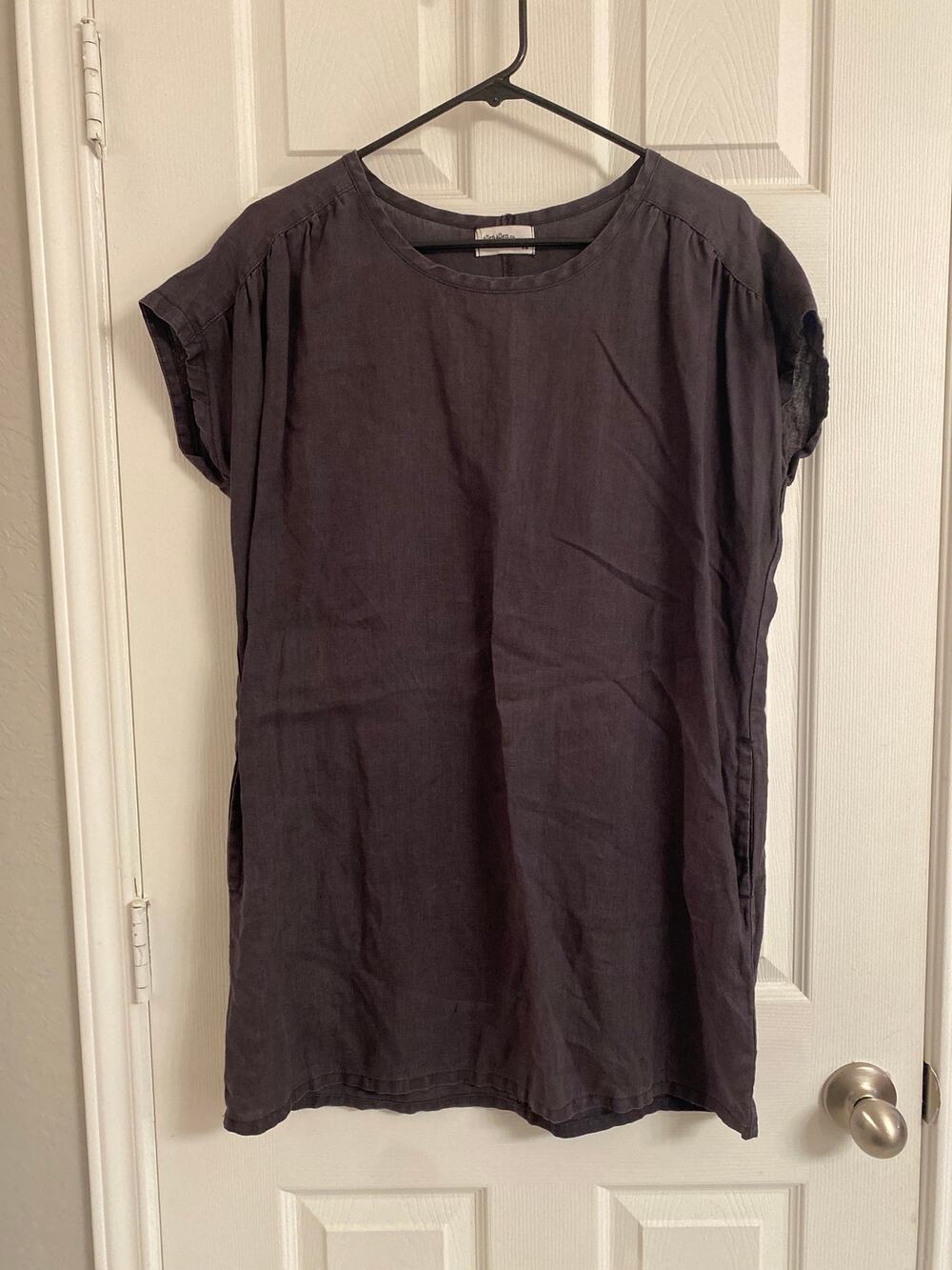 Allen Allen USA Linen Tunic Mini Dress Medium Charcoal Grey Pockets Cap Sleeve